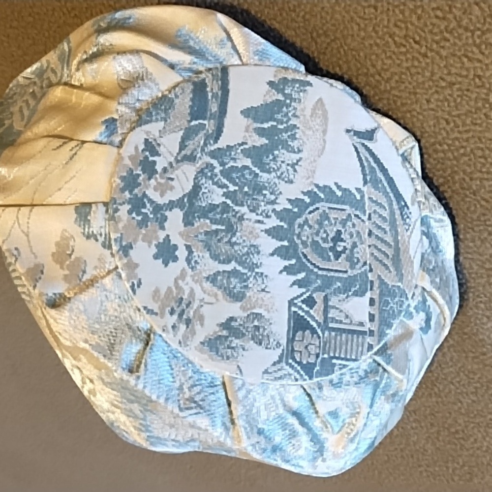 Hand Crafted Silk Damask Reticule Drawstring Bag Crane Temple Blue Silver - Picture 4 of 8